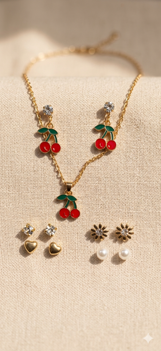 Cherry Charm Jewelry Set – Playful Elegance in Gold