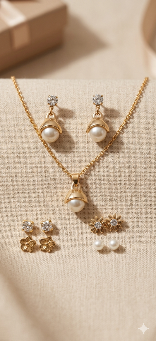 Elegant Pearl Drop Jewelry Set – Timeless Grace in Gold